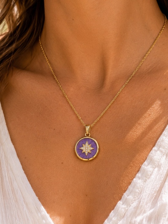 Jewelry - Gold Starburst Pendant Necklace Purple CZ Waterproof Stainless Steel NWT